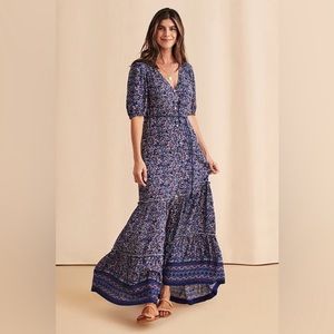 Faherty Orinda Purple and Blue Floral Ruffle Tiered Maxi Dress Size M